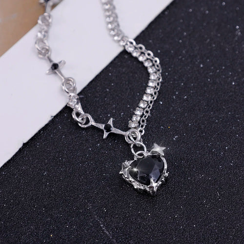 Y2k Purple Crystal Heart Pendant Necklack Zircon Star Choker Fashion