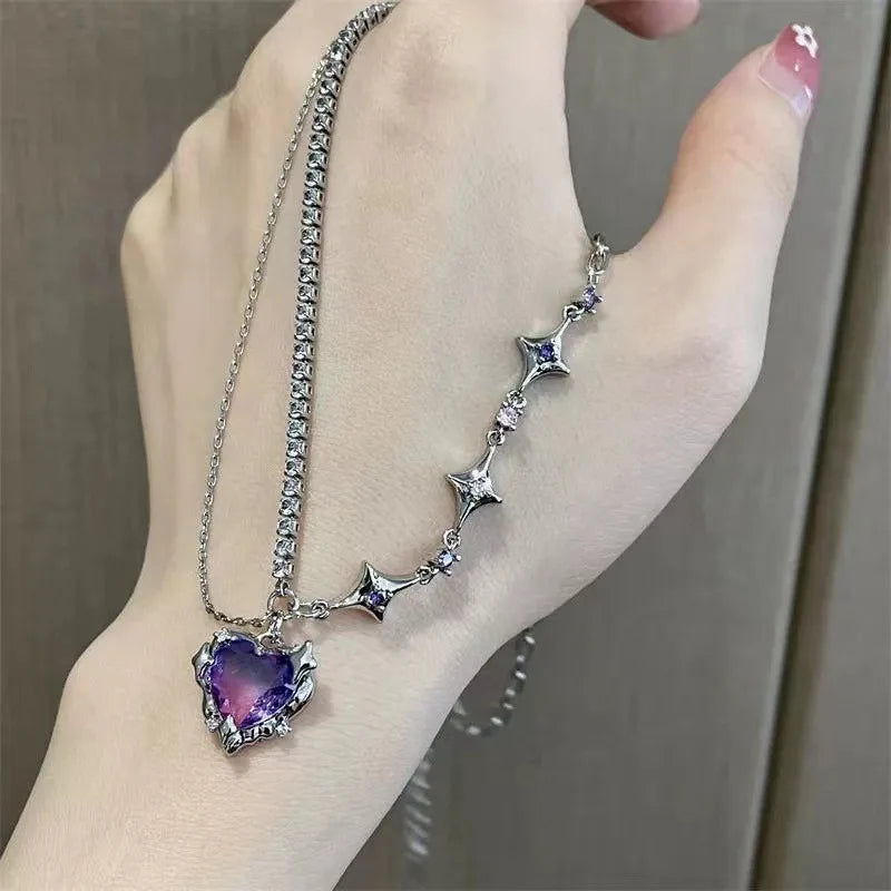 Y2k Purple Crystal Heart Pendant Necklack Zircon Star Choker Fashion