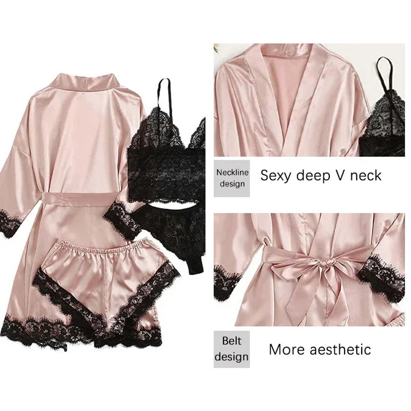 4 Pieces Woman Sleepwear Pajamas Ser With Robe Sexy Lace Lingerie