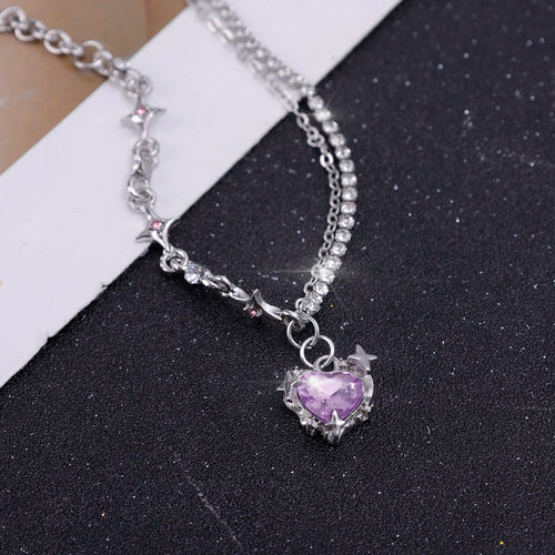 Y2k Purple Crystal Heart Pendant Necklack Zircon Star Choker Fashion