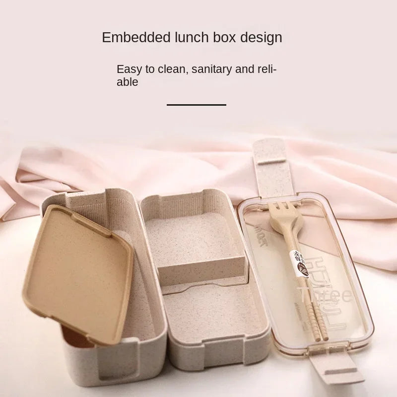 Double-Layer Wheat Straw Lunch Box with Spork Heating Portable as Grid