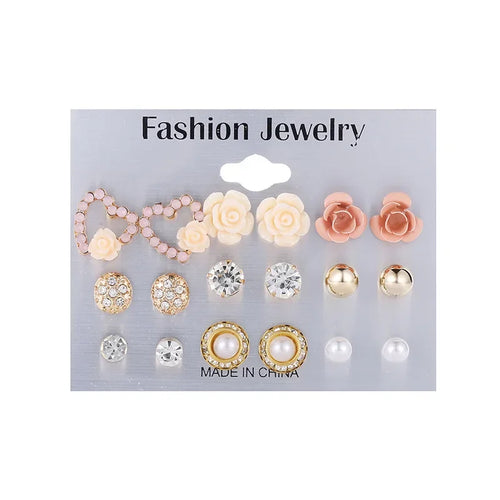 Wholesale 9 Pairs/Set Crystal Rhinestone Rose Flower Stud Earrings For