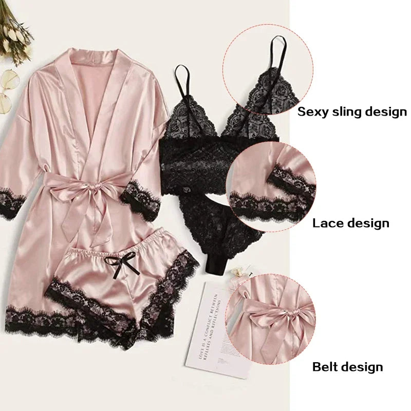 4 Pieces Woman Sleepwear Pajamas Ser With Robe Sexy Lace Lingerie