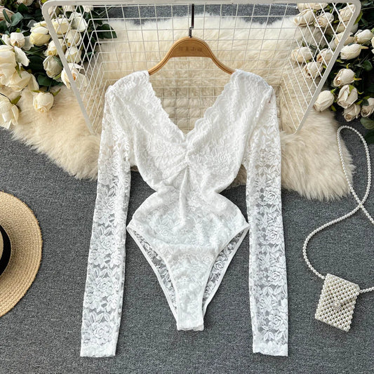 Sexy Mesh Lace Bodysuit  Fashion Long Sleeve V-neck One Piece Basic