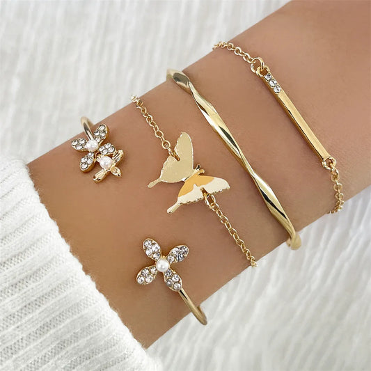 Vintage Gold Color Cuff Bracelet Set of 4 Stainless Steel Butterfly