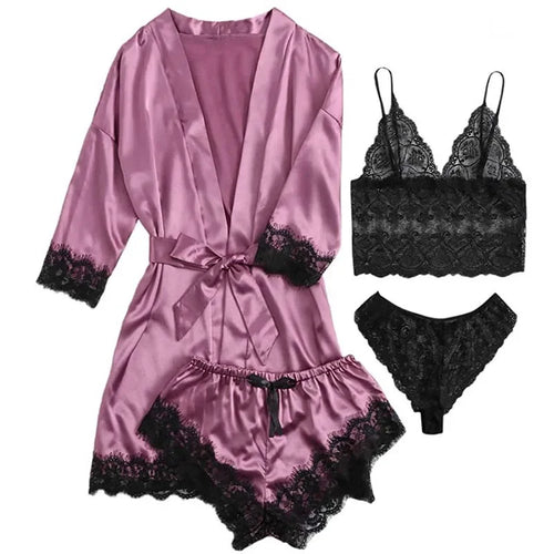 4 Pieces Woman Sleepwear Pajamas Ser With Robe Sexy Lace Lingerie