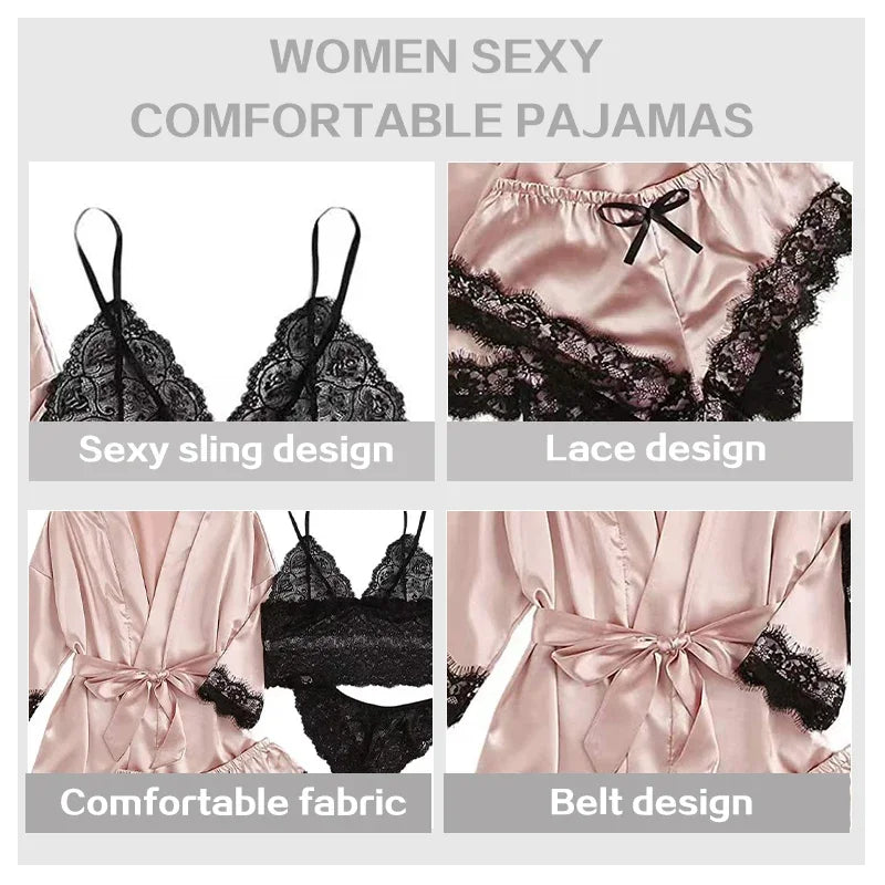 4 Pieces Woman Sleepwear Pajamas Ser With Robe Sexy Lace Lingerie