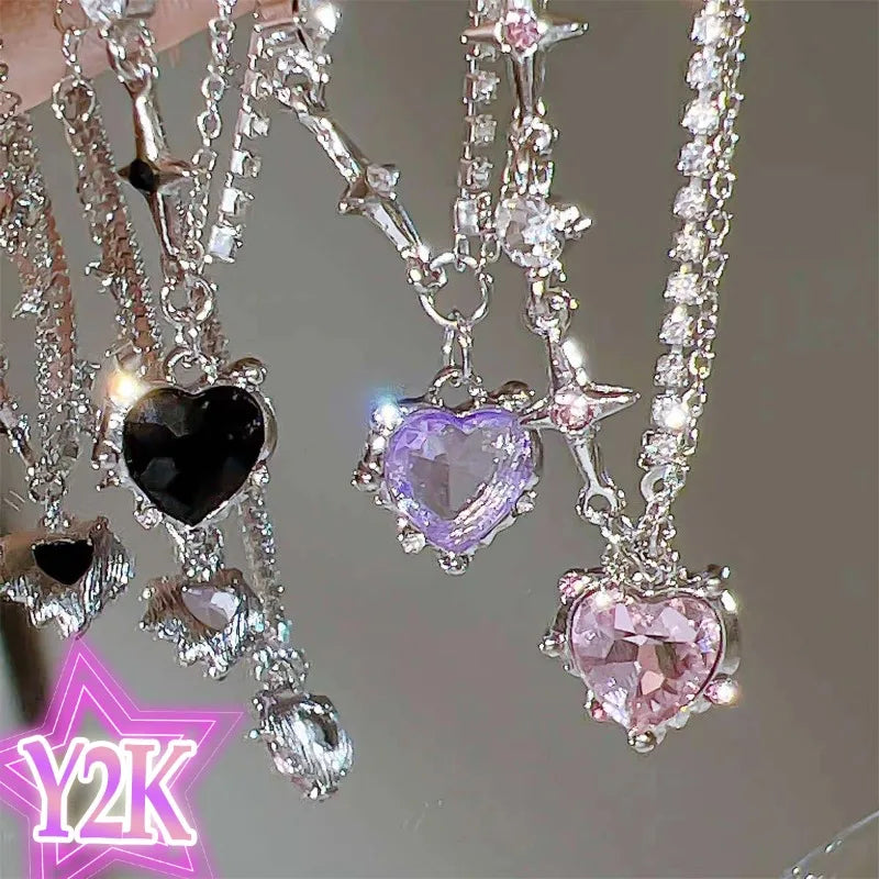 Y2k Purple Crystal Heart Pendant Necklack Zircon Star Choker Fashion