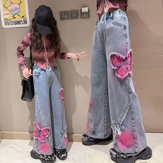 2024 Big Hot Deals Girls Fashion Spray-Painting Butterfly Denim Wide