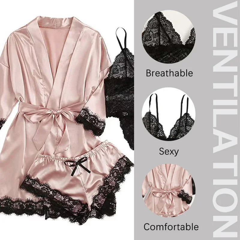 4 Pieces Woman Sleepwear Pajamas Ser With Robe Sexy Lace Lingerie