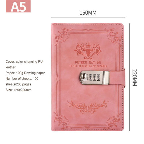 A5 Leather Retro Password Notebook With Lock Journals Thicken Hand