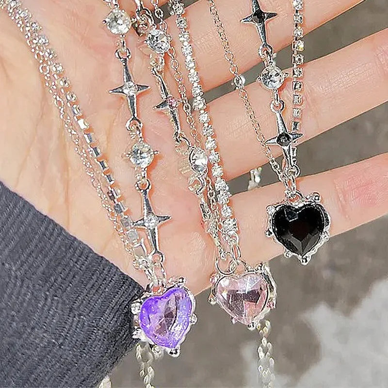 Y2k Purple Crystal Heart Pendant Necklack Zircon Star Choker Fashion