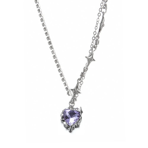 Y2k Purple Crystal Heart Pendant Necklack Zircon Star Choker Fashion