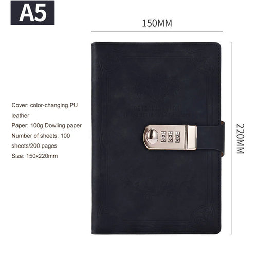 A5 Leather Retro Password Notebook With Lock Journals Thicken Hand