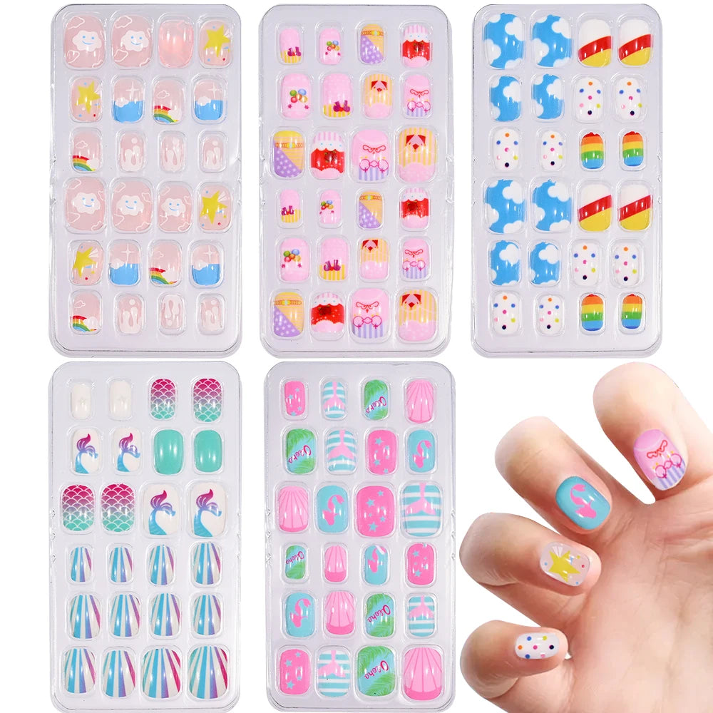 5*24Pcs=120Pcs Christmas Children Cartoon Nail Tips Colorful Cute Girl