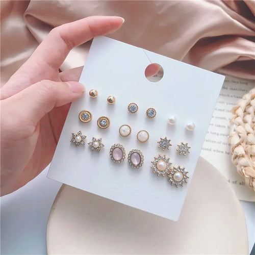 Wholesale 9 Pairs/Set Crystal Rhinestone Rose Flower Stud Earrings For