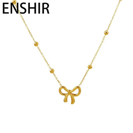 ENSHIR L316 Stainless Steel Hollow Bowknot Pendant Lucky Beads