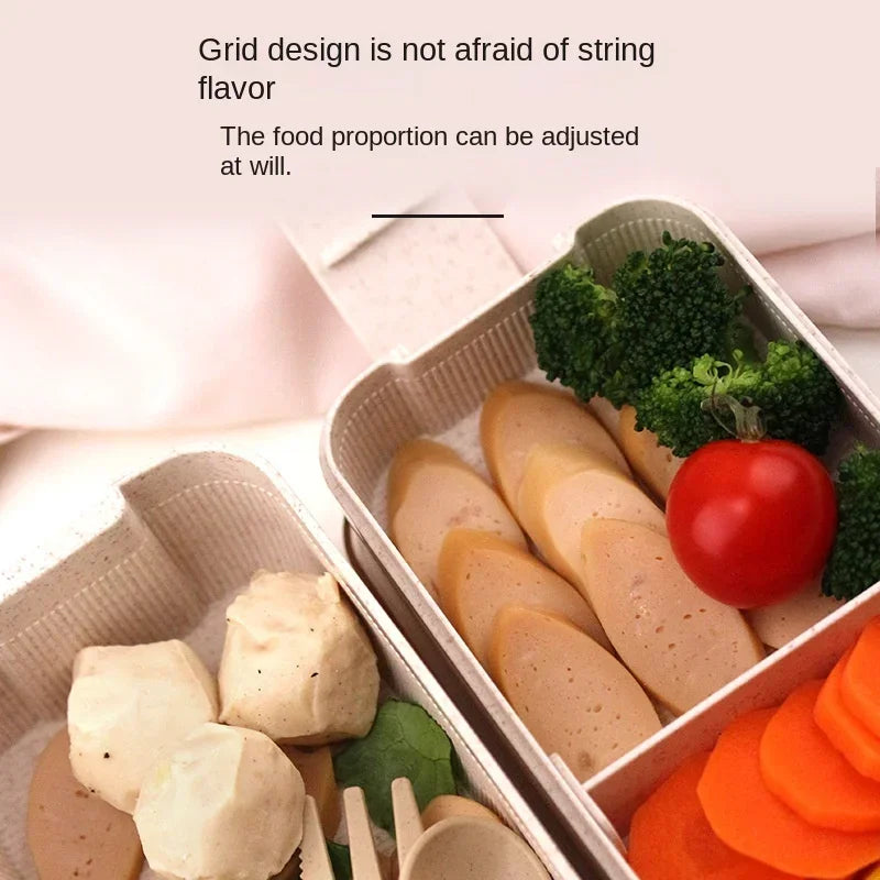 Double-Layer Wheat Straw Lunch Box with Spork Heating Portable as Grid