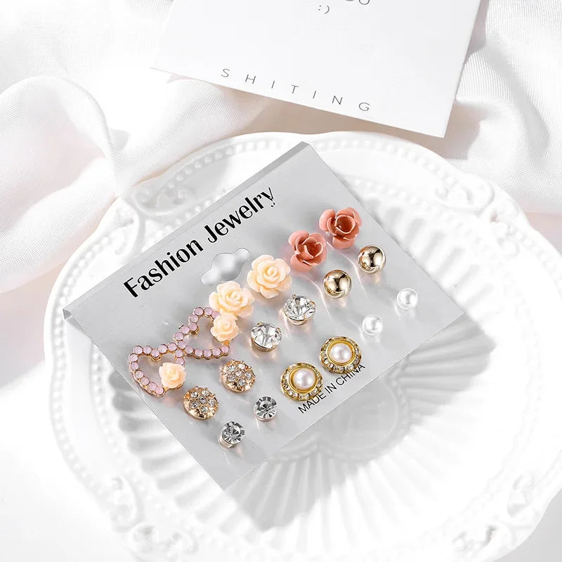 Wholesale 9 Pairs/Set Crystal Rhinestone Rose Flower Stud Earrings For