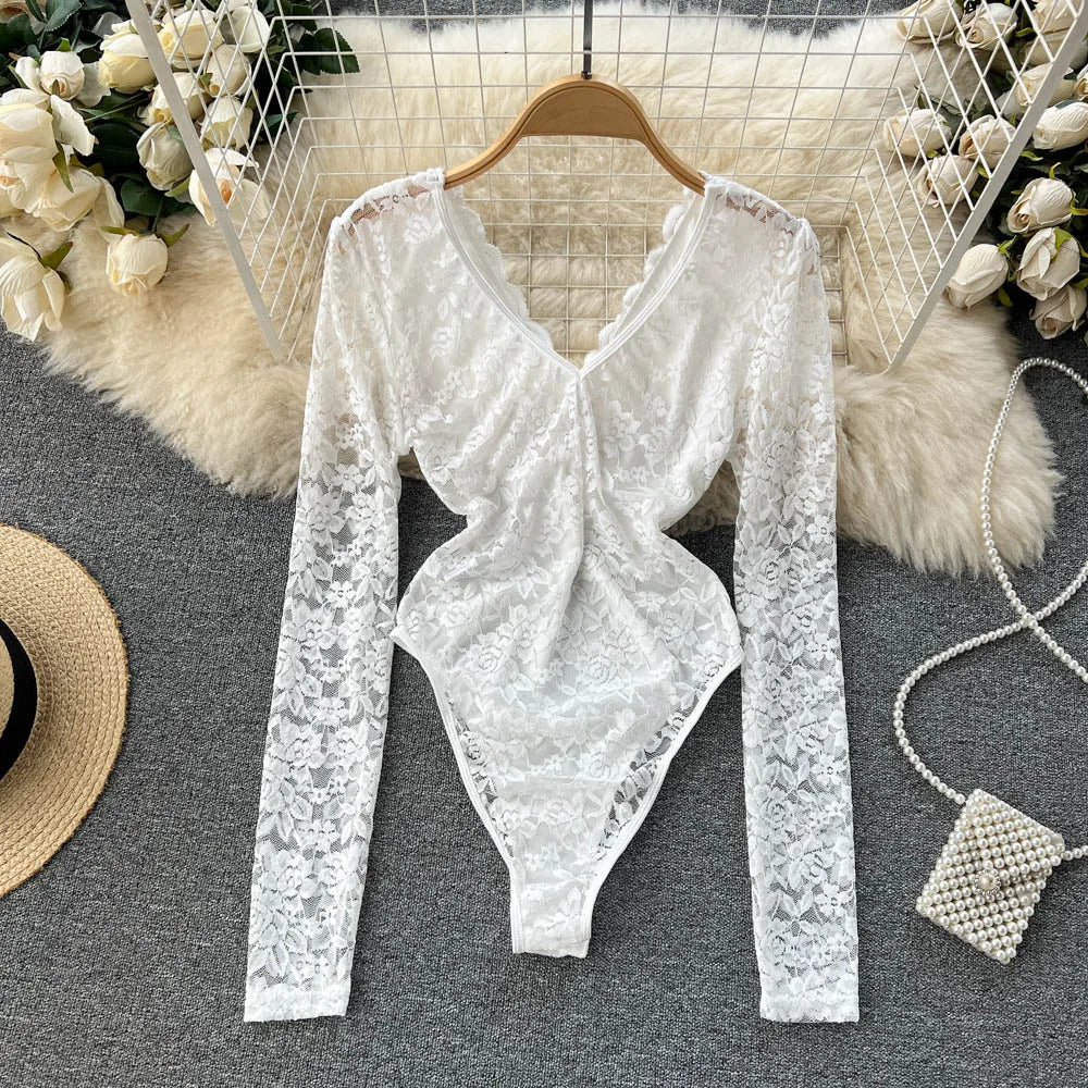 Sexy Mesh Lace Bodysuit  Fashion Long Sleeve V-neck One Piece Basic