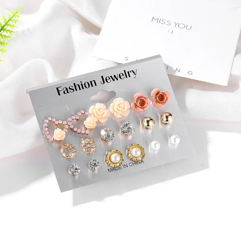 Wholesale 9 Pairs/Set Crystal Rhinestone Rose Flower Stud Earrings For