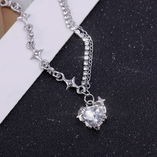 Y2k Purple Crystal Heart Pendant Necklack Zircon Star Choker Fashion