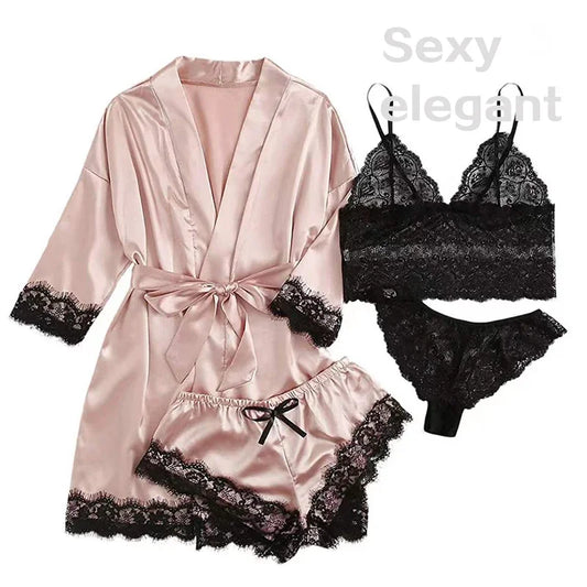 4 Pieces Woman Sleepwear Pajamas Ser With Robe Sexy Lace Lingerie