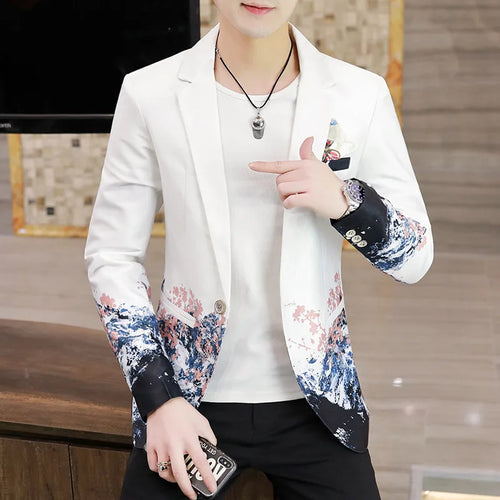 Men's fashion printed casual suit Korean style slim fit youth men's