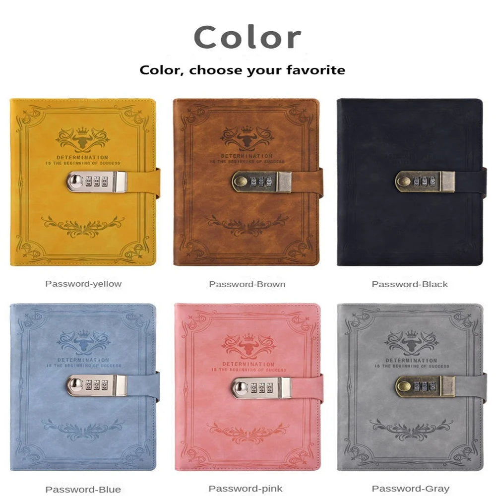 A5 Leather Retro Password Notebook With Lock Journals Thicken Hand