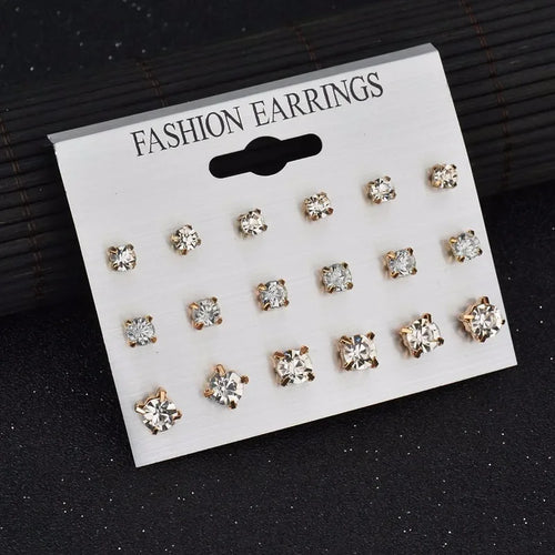 Wholesale 9 Pairs/Set Crystal Rhinestone Rose Flower Stud Earrings For