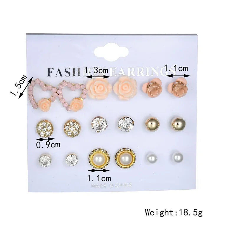 Wholesale 9 Pairs/Set Crystal Rhinestone Rose Flower Stud Earrings For