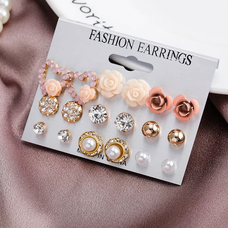 Wholesale 9 Pairs/Set Crystal Rhinestone Rose Flower Stud Earrings For