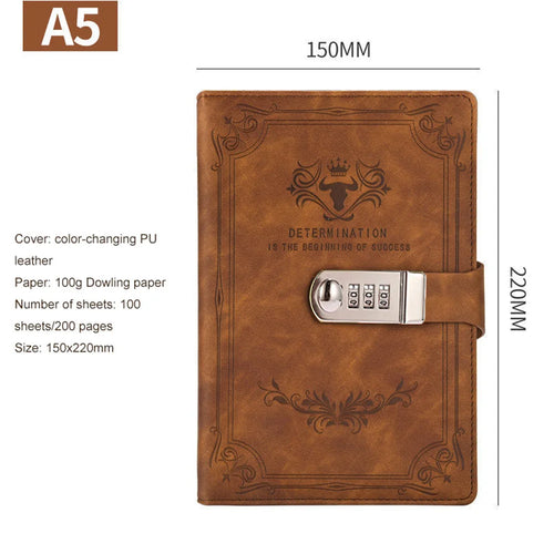 A5 Leather Retro Password Notebook With Lock Journals Thicken Hand