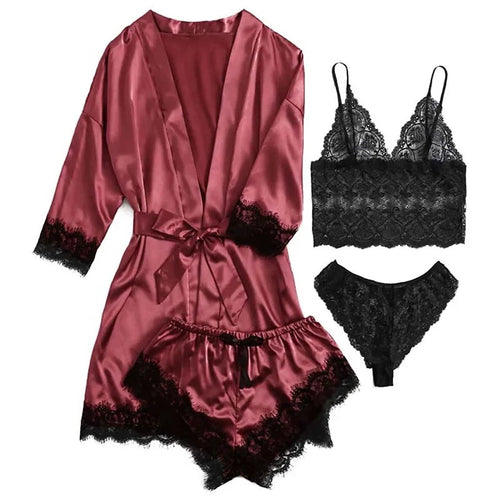 4 Pieces Woman Sleepwear Pajamas Ser With Robe Sexy Lace Lingerie