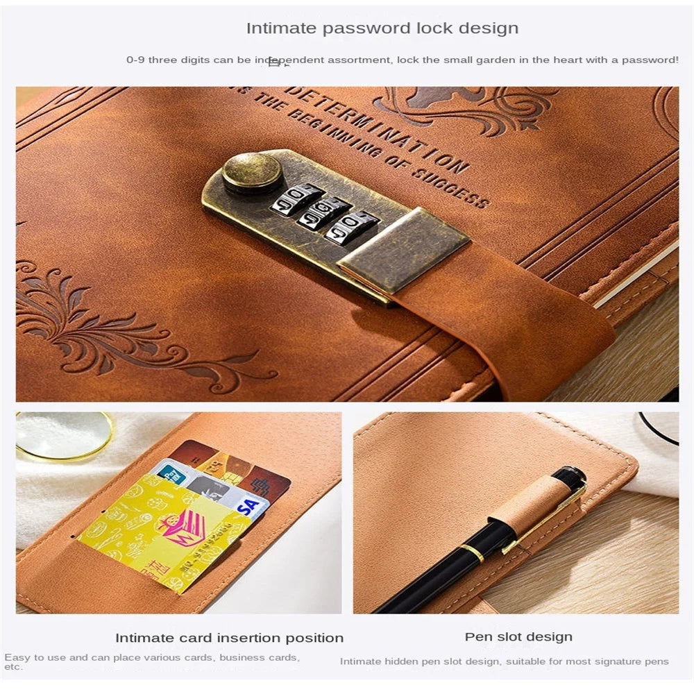 A5 Leather Retro Password Notebook With Lock Journals Thicken Hand