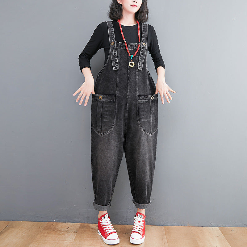 Women's Literary And Artistic Denim Overalls Retro Plus Size Loose