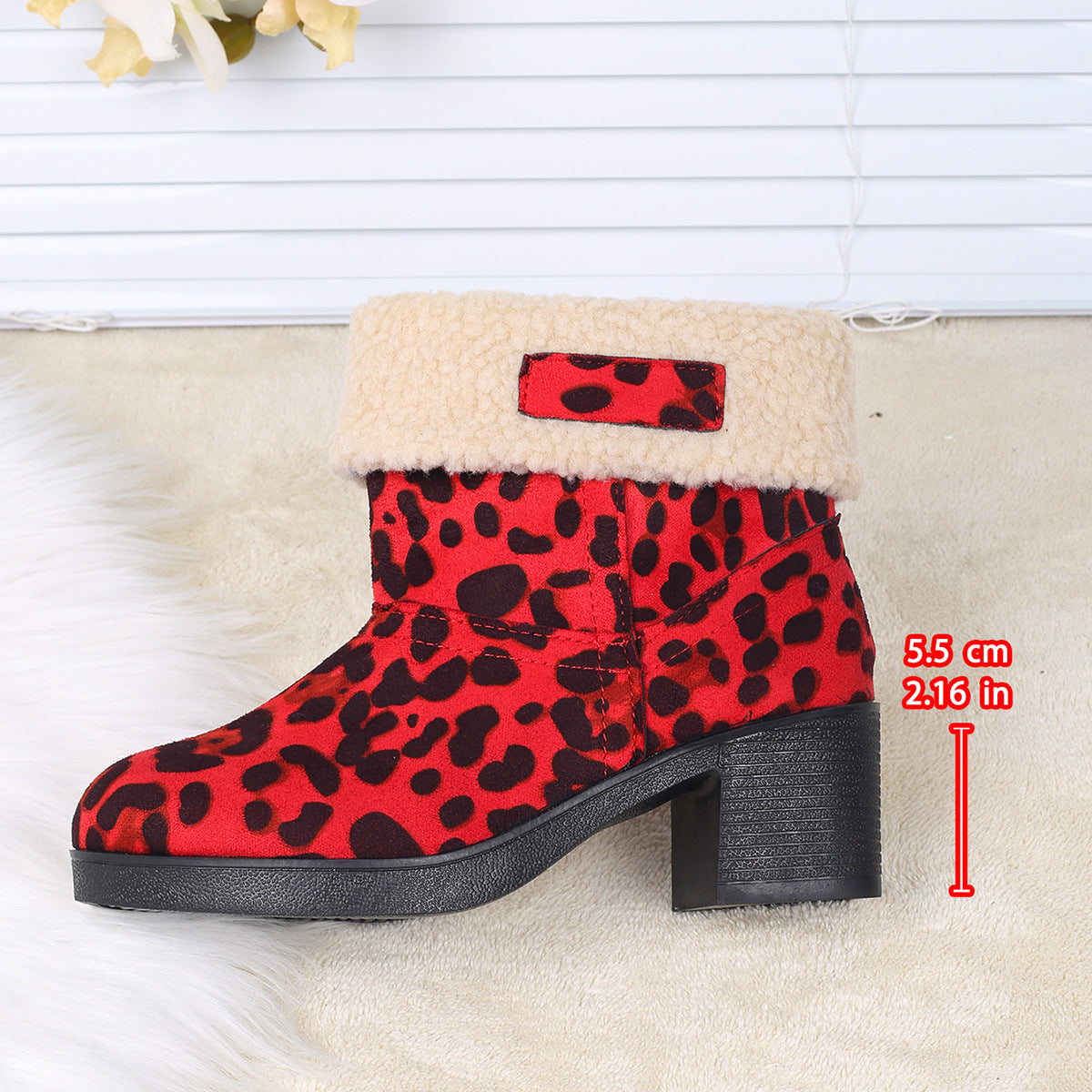 New Foldable Leopard Print Mid-calf Boots Winter Warm Fleece Thick Square Heels Boot For Women Fashion Round-toed Cotton Shoes