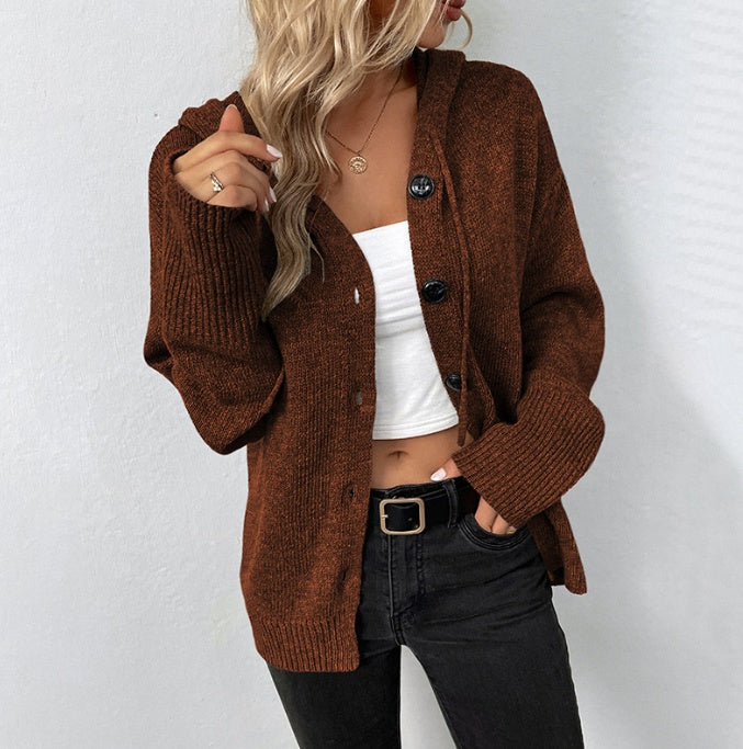 Solid Color Hooded Single-breasted Sweater Women's Cardigan Coat