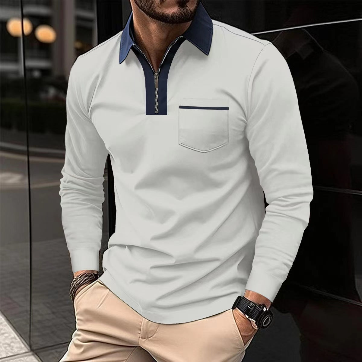 2024 Autumn Mens Long Sleeve Zipper Polo Shirts Casual Lapel Collar Zip Up Henley Shirts Cotton Sports Golf Tennis T-Shirts With Pockets