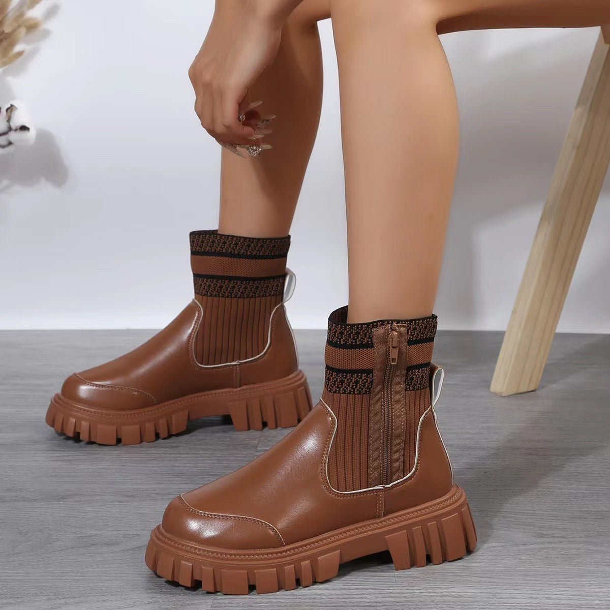 Fashion Mid-tube Boots With Zipper Design Non-slip Thick Sole Elastic Knitted Patchwork Boots For Women Round Toe Shoes Winter