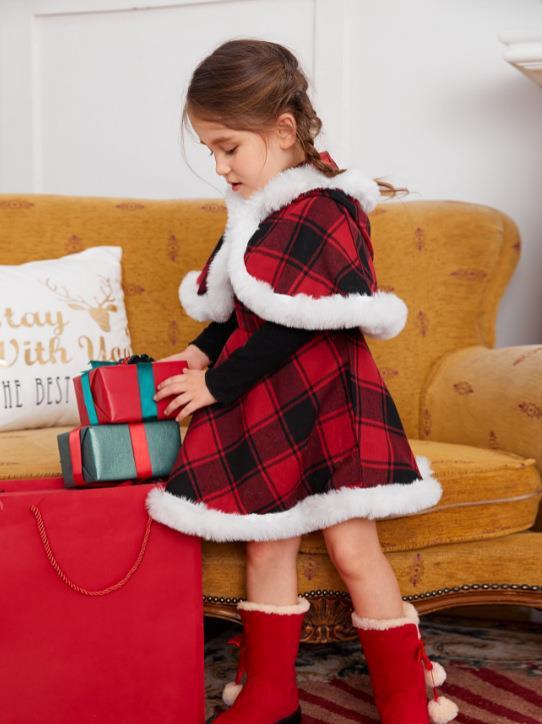 Girls Christmas Plaid Cape Dress Set