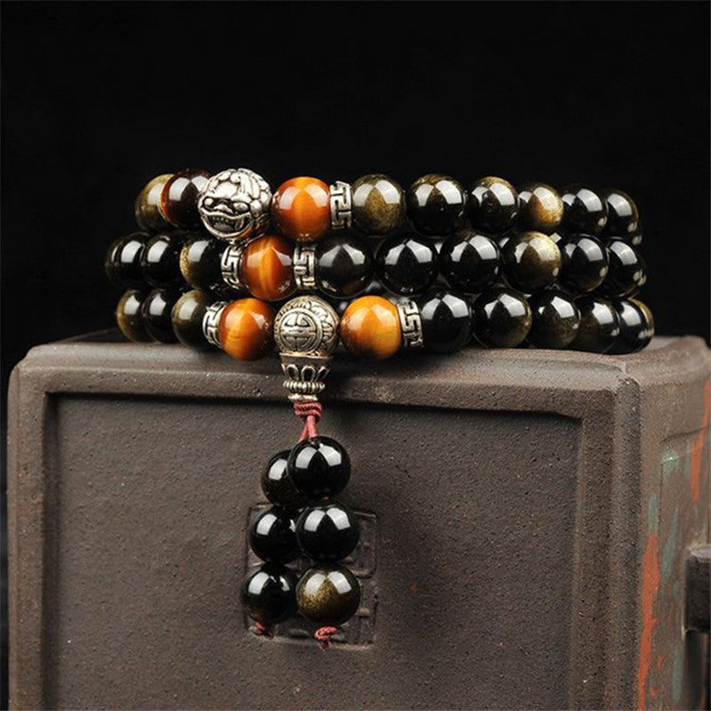 Natural Gold Obsidian Bracelet 108 Buddha Beads With Tibetan Silver Round Beads