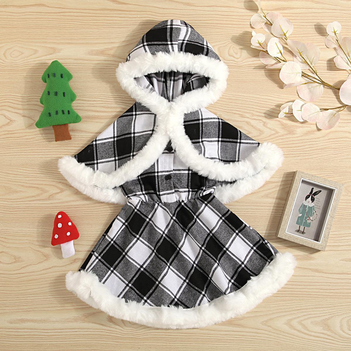 Girls Christmas Plaid Cape Dress Set