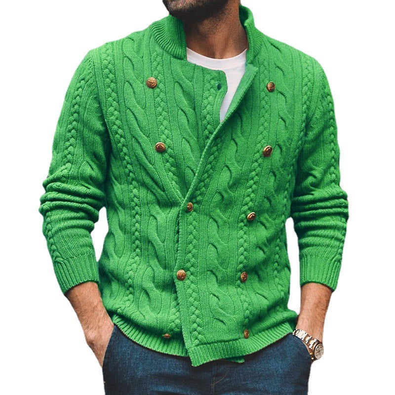 Men's Pure Color Half Collar Double-breasted Knitted Sweater Coat