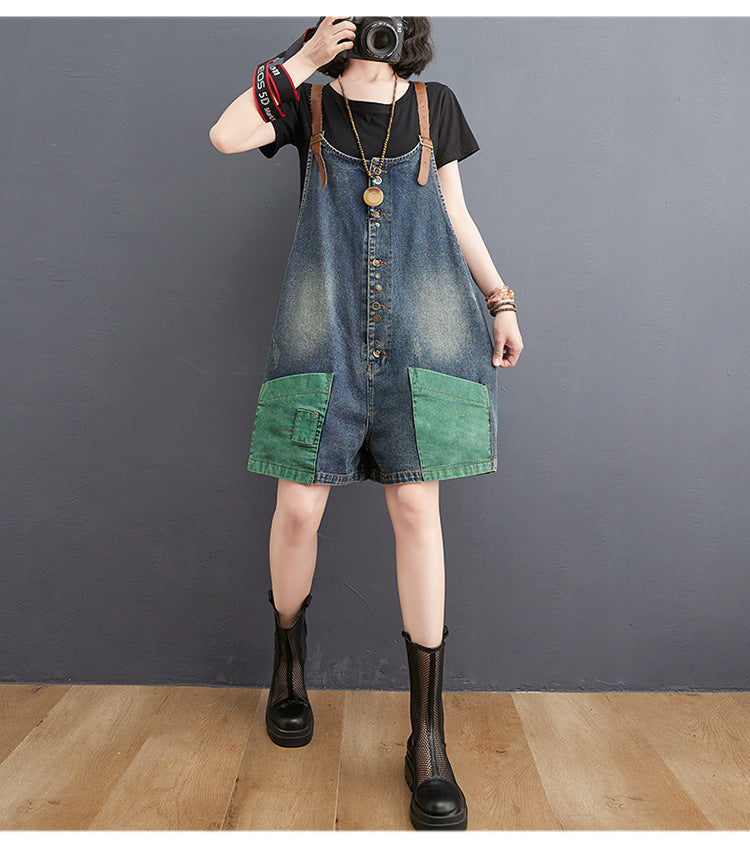 Personality Retro Contrast Color Casual High Waist Slim Denim Overalls