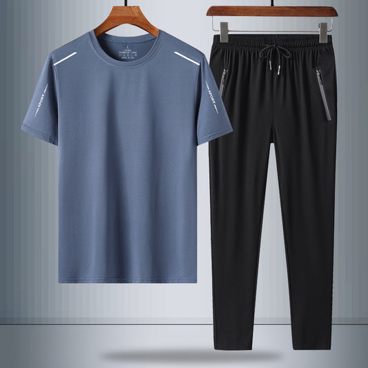 Summer Men's Ice Silk Quick-drying T-shirt And Trousers Two-piece Suit