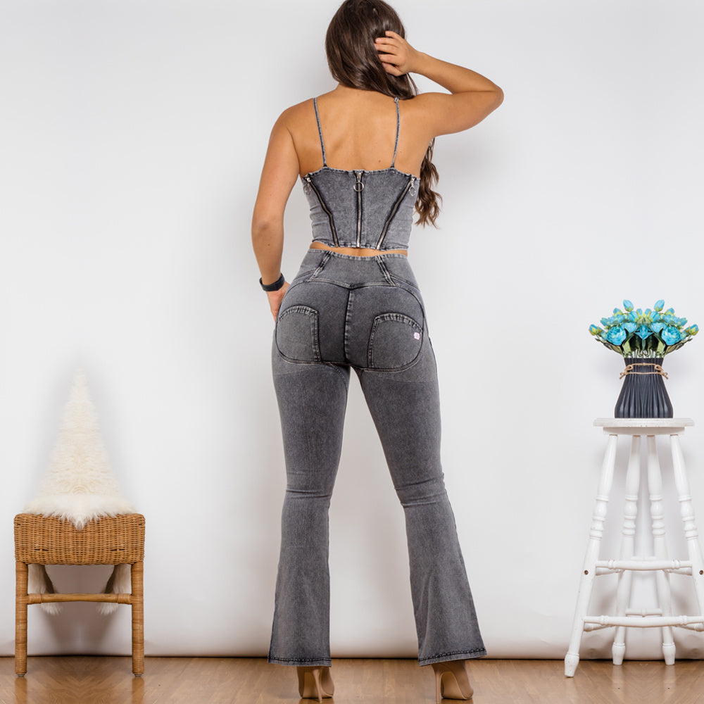 Shascullfites Shaper Suit Bodysuit Zipper Push Up Top Grey Jeans Top High Waist Flare Jeans Set Woman 2 Pieces