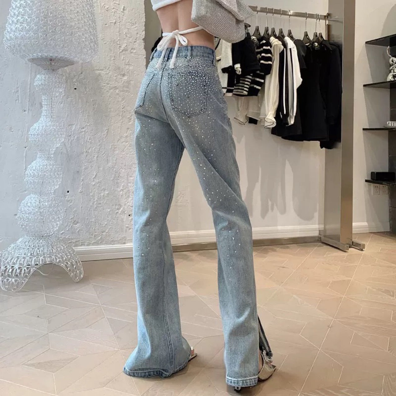 High Waist Rhinestone Split Slightly Flared Jeans Female