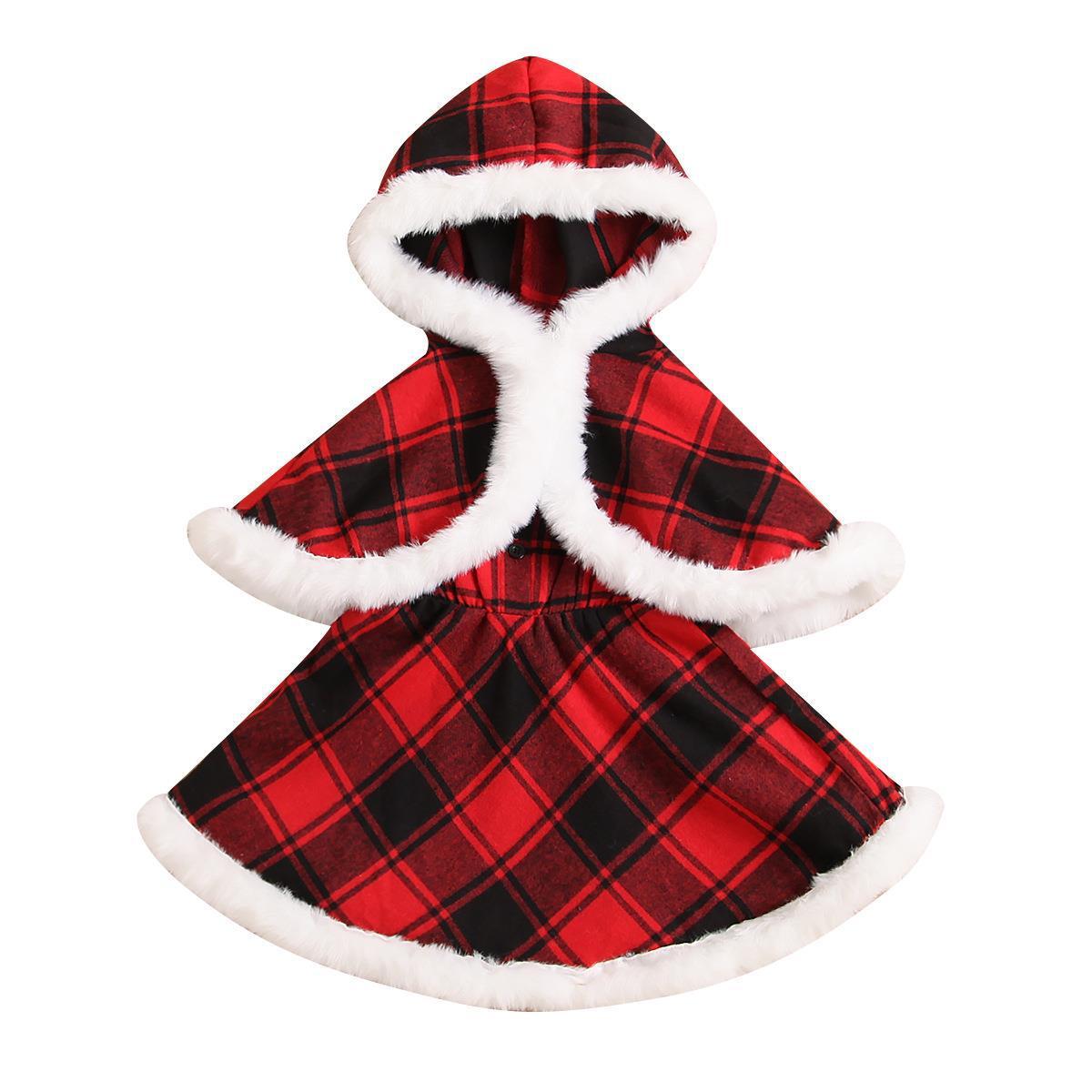 Girls Christmas Plaid Cape Dress Set