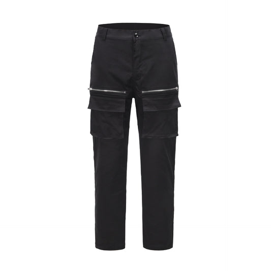 High Street Dark Black Zipper Function Multi-pocket Cargo Trousers Hip-hop Trendy Trousers With Slits